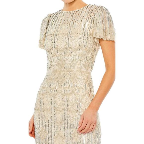 Mac Duggal Embellished Sequined Knee-Length Dress Nude Silver Size 6 NWT - Picture 4 of 12